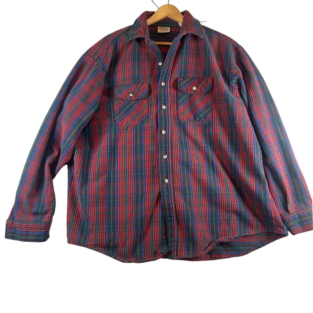 FIVE BROTHER Plaid Flannel Shirt Vintage 2XLT Long Sleeve Button Up Red Blue Grn